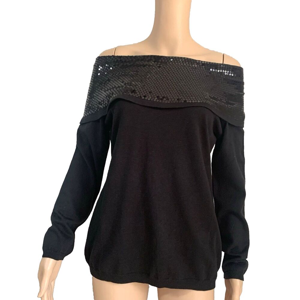 NWT Monroe & Main Size L Black Sequin LS Cotton Knit Top Off The Shoulders